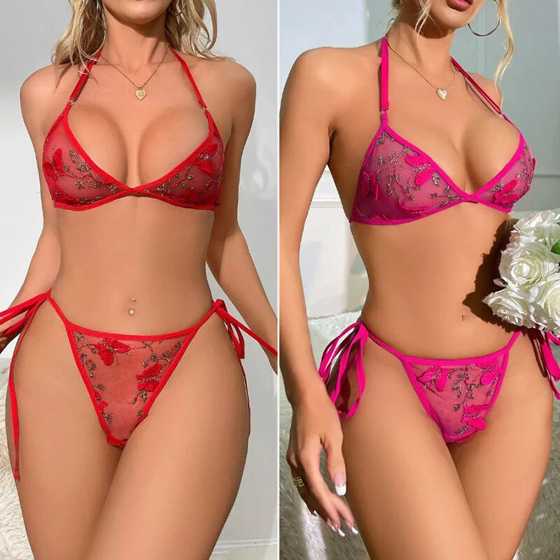 Mujeres Sexy Lencería Prendas para dormir Ropa interior Babydoll Bordado Encaje Sujetador Tanga Conjunto Foto 2 de 4