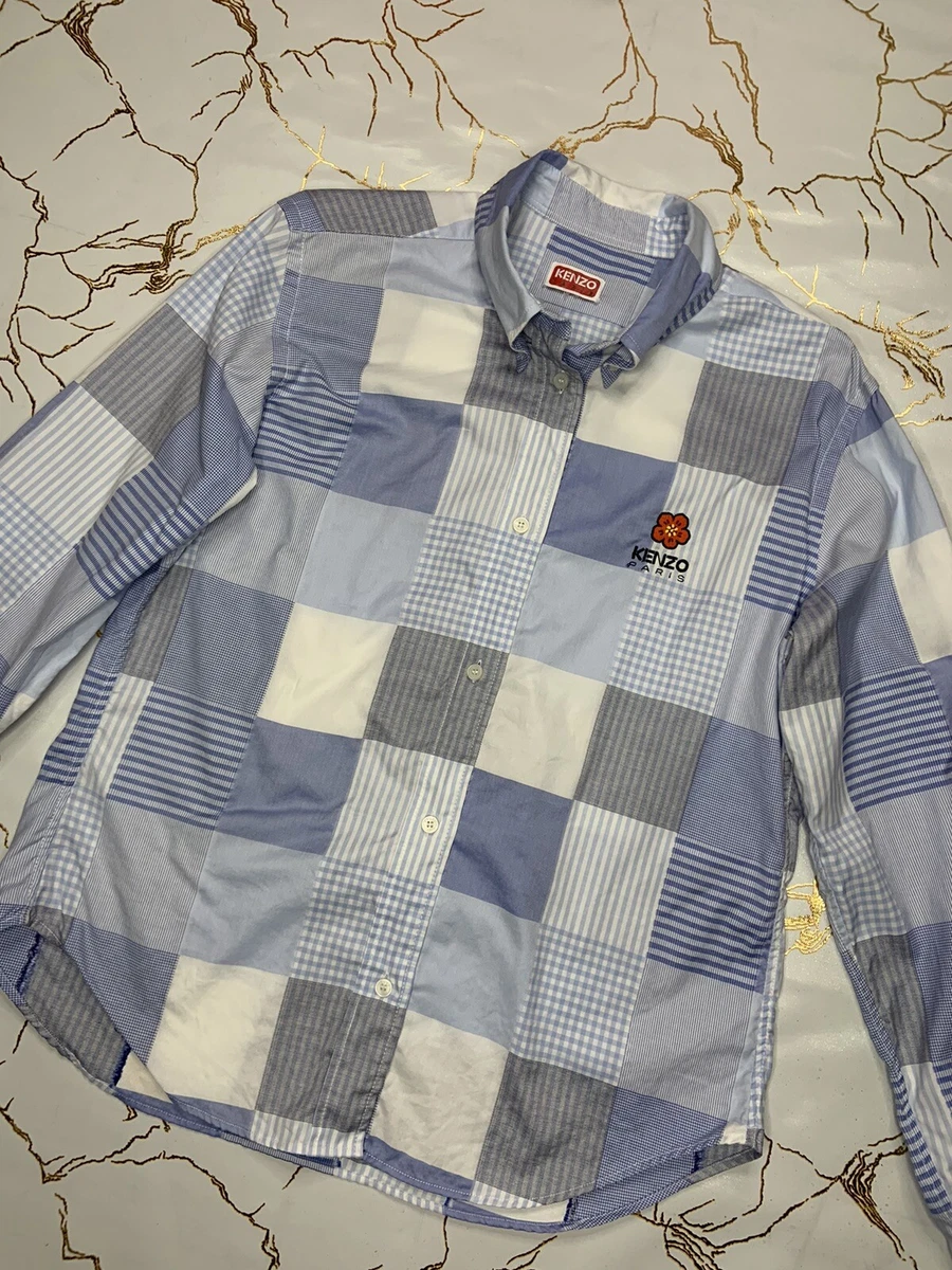 Kenzo Women Checked Blue White Button Shirt Logo Short Sleeve Size