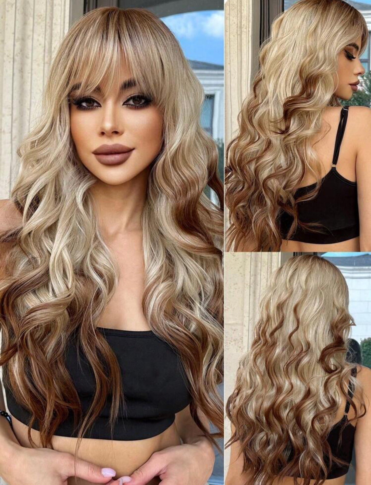 Perruque blonde ondulée pour changer de look en soirée avec frange et bonnet