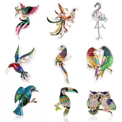 Women Flamingo Crystal Bird Phoenix Animal Bird Owl Breastpin Brooch Pin Jewelry