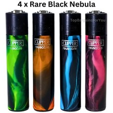 4 Clipper Lighters Set RARE BLACK NEBULA Design Gas Refillable Flint - Black Top