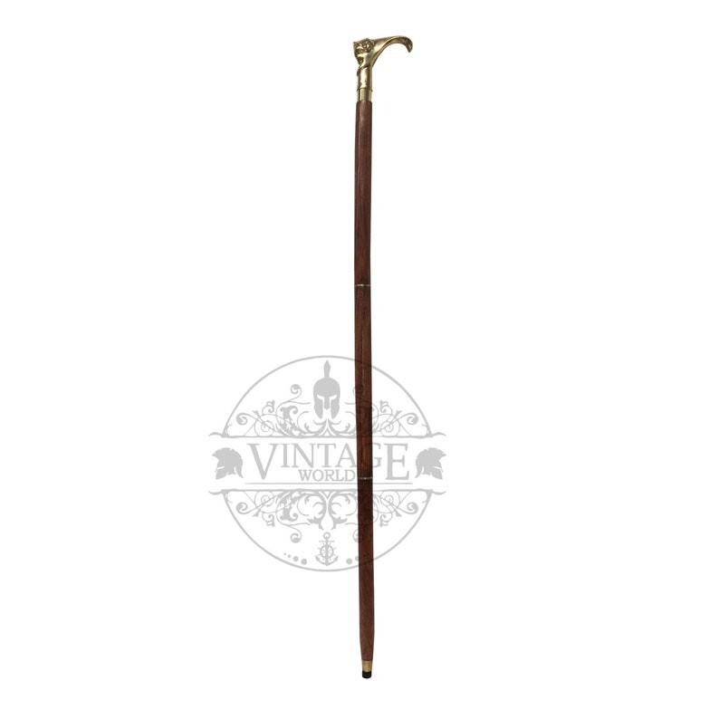 Cat Design Solid Brass Head Handle Beautiful Wood… - image 6