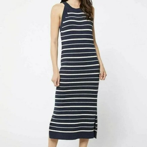 WITCHERY Navy White Stripe Cotton Thick Knit Sleeveless Halter Midi Dress Size S - Picture 2 of 11