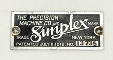 Simplex Precision Machine Co. Nameplate No. 13735 Vintage