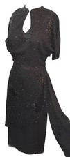 Vtg 1940s Rayon Crepe ENCRUSTED Beaded Black Evening Cocktail Long Sash Dress M