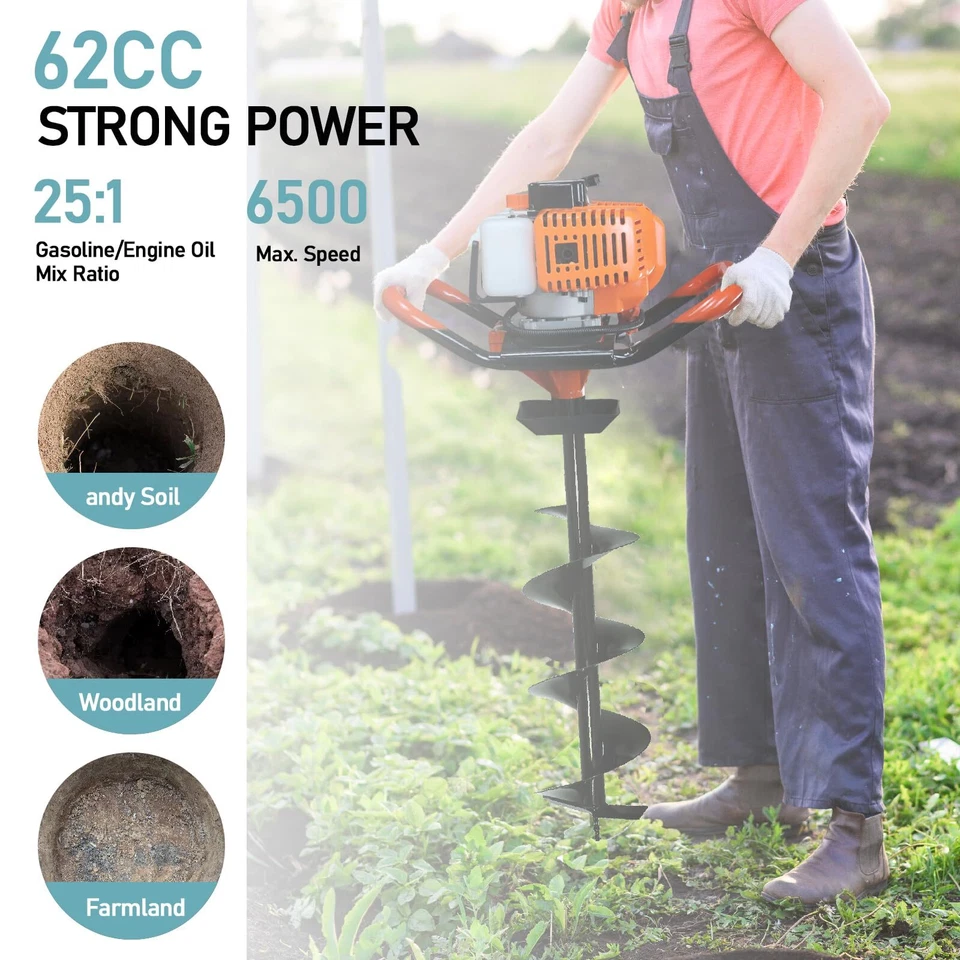 62CC 2.1KW Gas Post Hole Auger Digger W/ 3 Bits (3" 5" & 8")+3 Rods(24"24"24") - Image 2 of 4