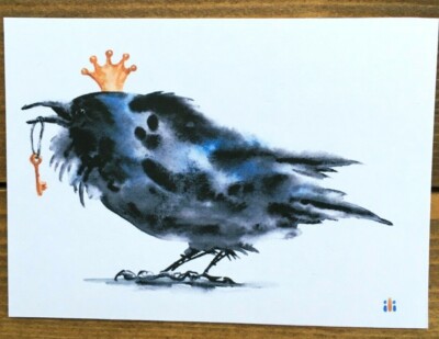 ACEO Aquarell Druck Weisheit Krähe mit goldener Krone und Schlüssel Fine Art Malerei
