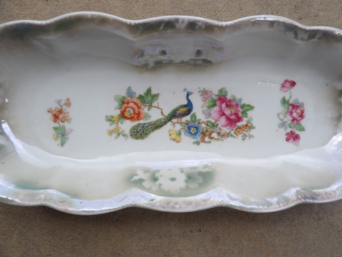 Vintage Bavaria Art Nouveau Porcelain Relish Celery Tray Peacock 12 1/2" Flowers - Picture 2 of 4