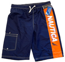 Nautica Swim Trunk Boys Xl 18/20 UPF 50 Navy Spellout Lined Board Shorts