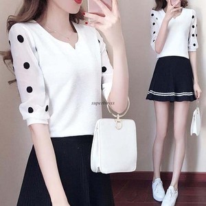Korean-Women-V-Neck-3-4-Sleeve-Polka-Dot-Basic-T-Shirt-Career-Casual-Top-Blouse