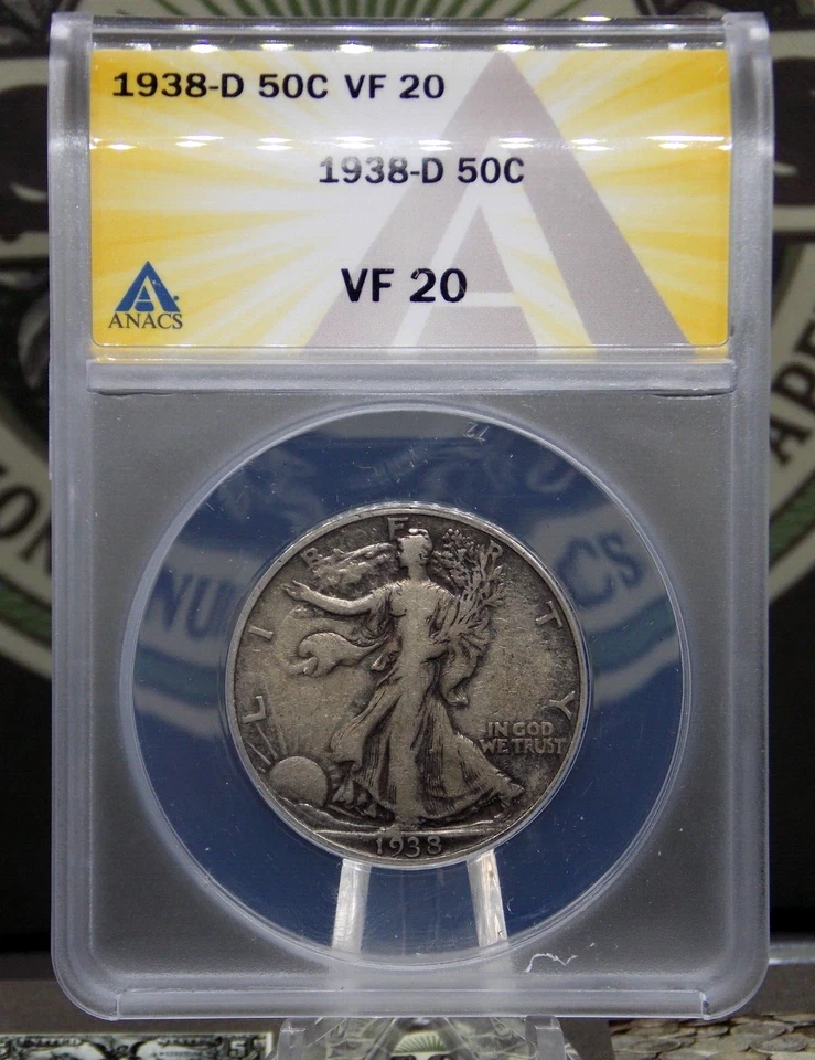 1938 "D" Walking Liberty SILVER Half Dollar 50c ANACS VF20 #466 Very Fine ECC&C - Image 3 of 4