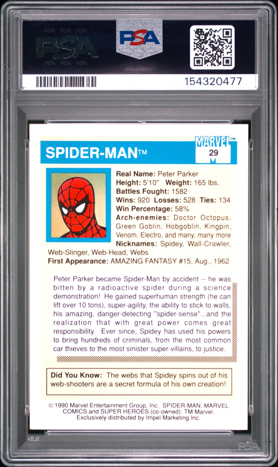 1990 MARVEL UNIVERSE #29 SPIDER-MAN PSA 9 view 2