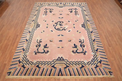 Pink Art Deco Area Rug 8x11 Chinese Vegetable Dye Vintage Hand