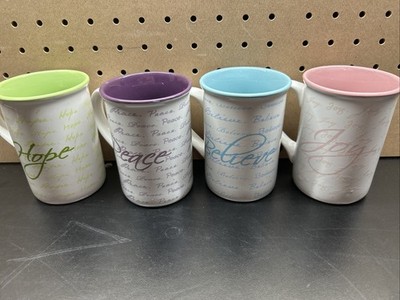 SET 4 Mugs FAITH JOY BELIEVE LOVE Gibson Inspirational Words 16oz Stoneware