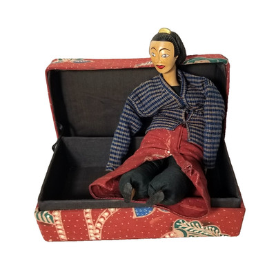 Indonesian Boneka Doll Hand Carved Wood Painted w Matching Box Javanese Bali Vtg