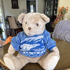 Snow Beige Plush Teddy Bear with Blue Sweater, With Clothes