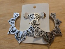 Large Silvertone Tribal Lotus Boho Hoop Earrings