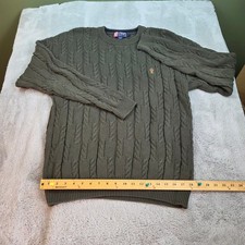 Vintage Chaps Ralph Lauren Cable Knit Sweater Men L Crew Crown Crest Olive Green