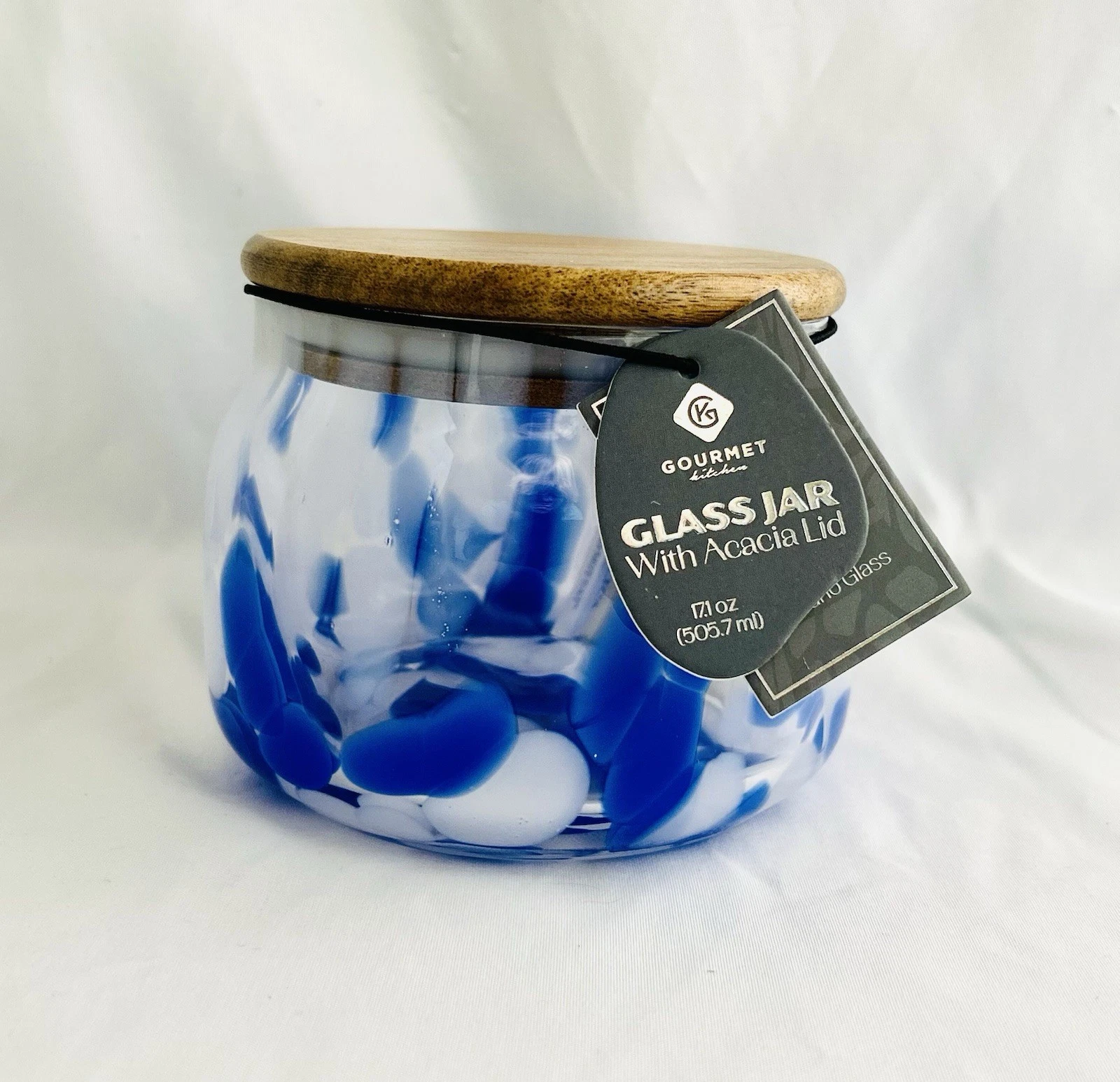 NEW Gourmet Kitchen Murano Glass Jar With Bamboo Lid Dark Blue~White Airtight