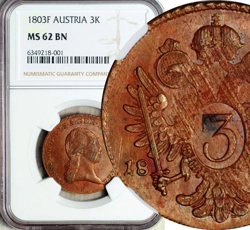 NGC MS-62 AUSTRIA 3 KREUZER 1803 -F (TOP POP: 1/0)