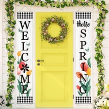 Welcome Spring Floral Porch Sign Vintage Tulip Flowers Banner Door Sign Decorati