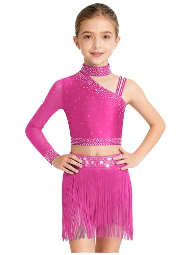 Kids Girls Costume Long Sleeve Dress Practice Outfits Crop Top Dancewear Shiny - Picture 29 of 68
