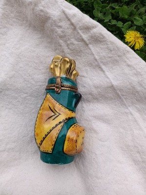 Vtg Limoges Peint Main Green Yellow Gold Golf Caddy Bag Trinket Box France