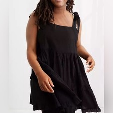Aerie Black Tiered Babydoll Dress Tie Shoulder Cotton Mini Boho Cottagecore L