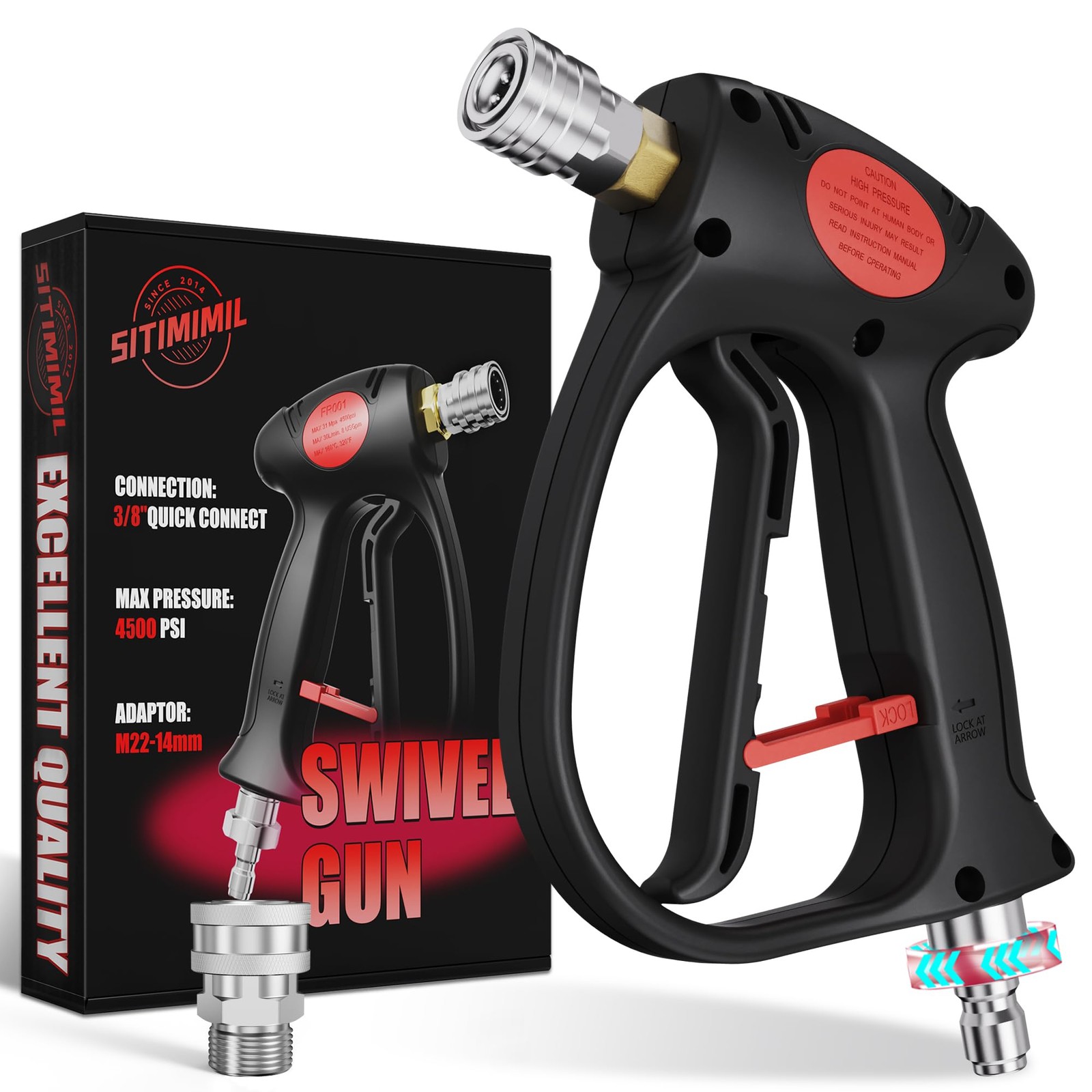 Swivel Pressure Washer Gun with 3/8 Quick Connect M22-14mm Adaptor 45 Degree