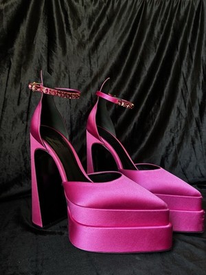 Versace Pink Satin Platform Pointed Toe Ankle Strap Crystal Pumps US 10