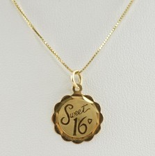 14K yellow gold girl's 18" box chain necklace w/ "sweet 16" charm pendant 2.2g