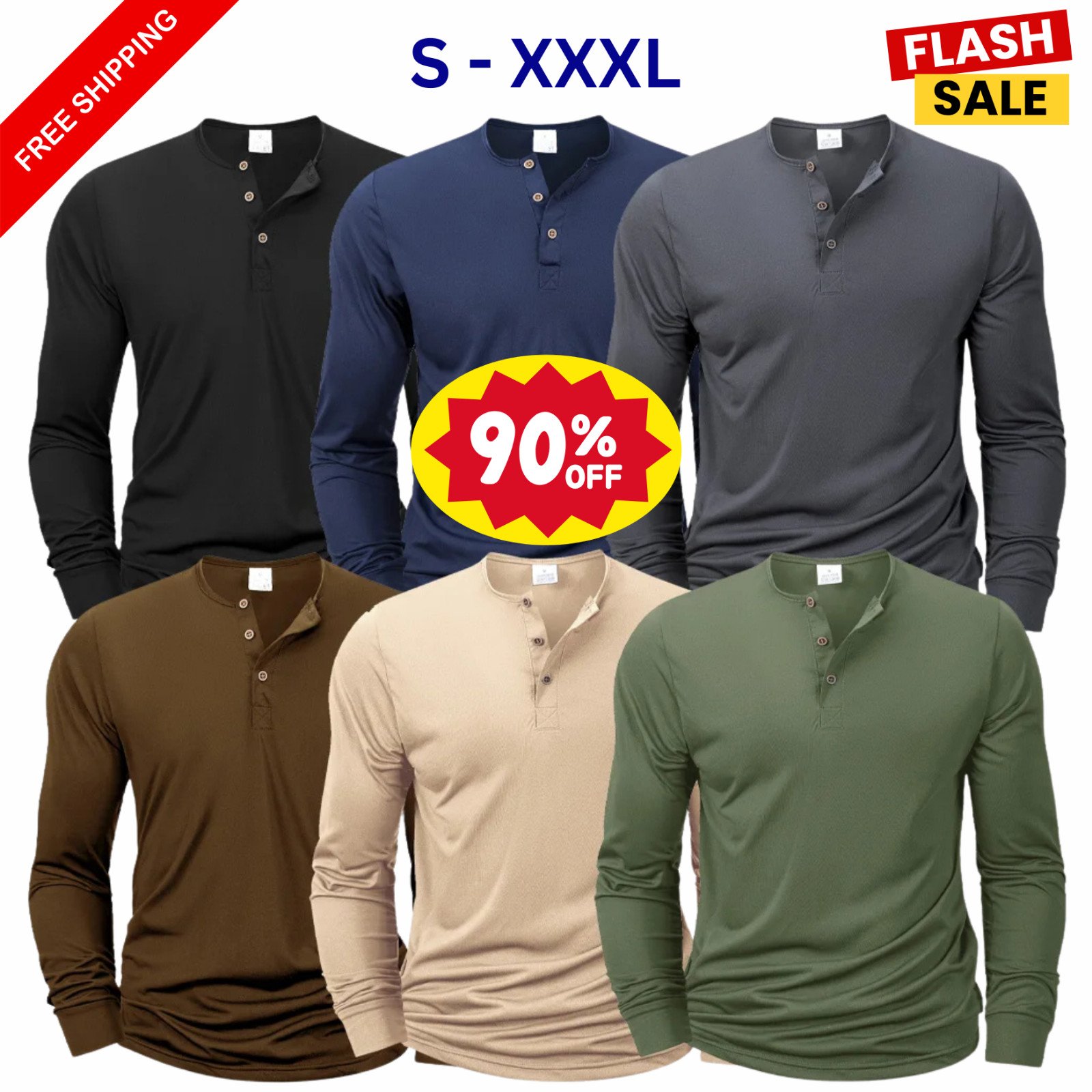 Mens Cotton Slim Fit Long Sleeve Henley T-Shirt Casual Button Tee Top Gym Gift