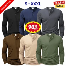 Mens Cotton Slim Fit Long Sleeve Henley T-Shirt Casual Button Tee Top Gym Gift