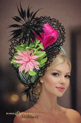Hot Pink Green Black Fascinator Fuchsia Hat Royal Ascot Kentucky Derby Hat