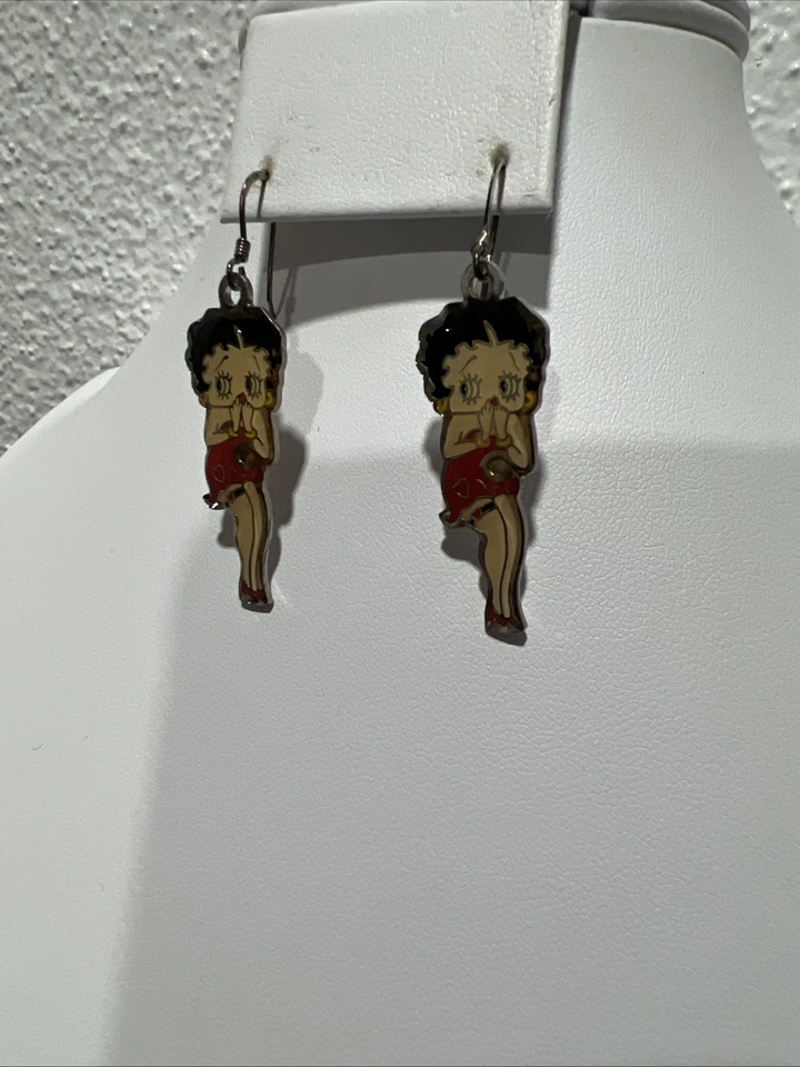 Pendientes colgantes vintage Betty Boop pose esmalte vestido rojo dibujos animados 925 Foto 3 de 4