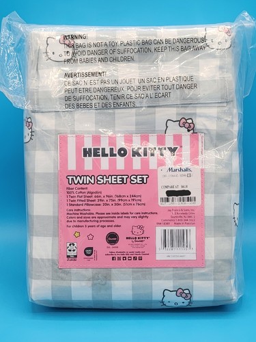 New HELLO KITTY TWIN BED SHEET SET 100% COTTON Gray White Flat Fitted Pillowcase - Picture 2 of 2