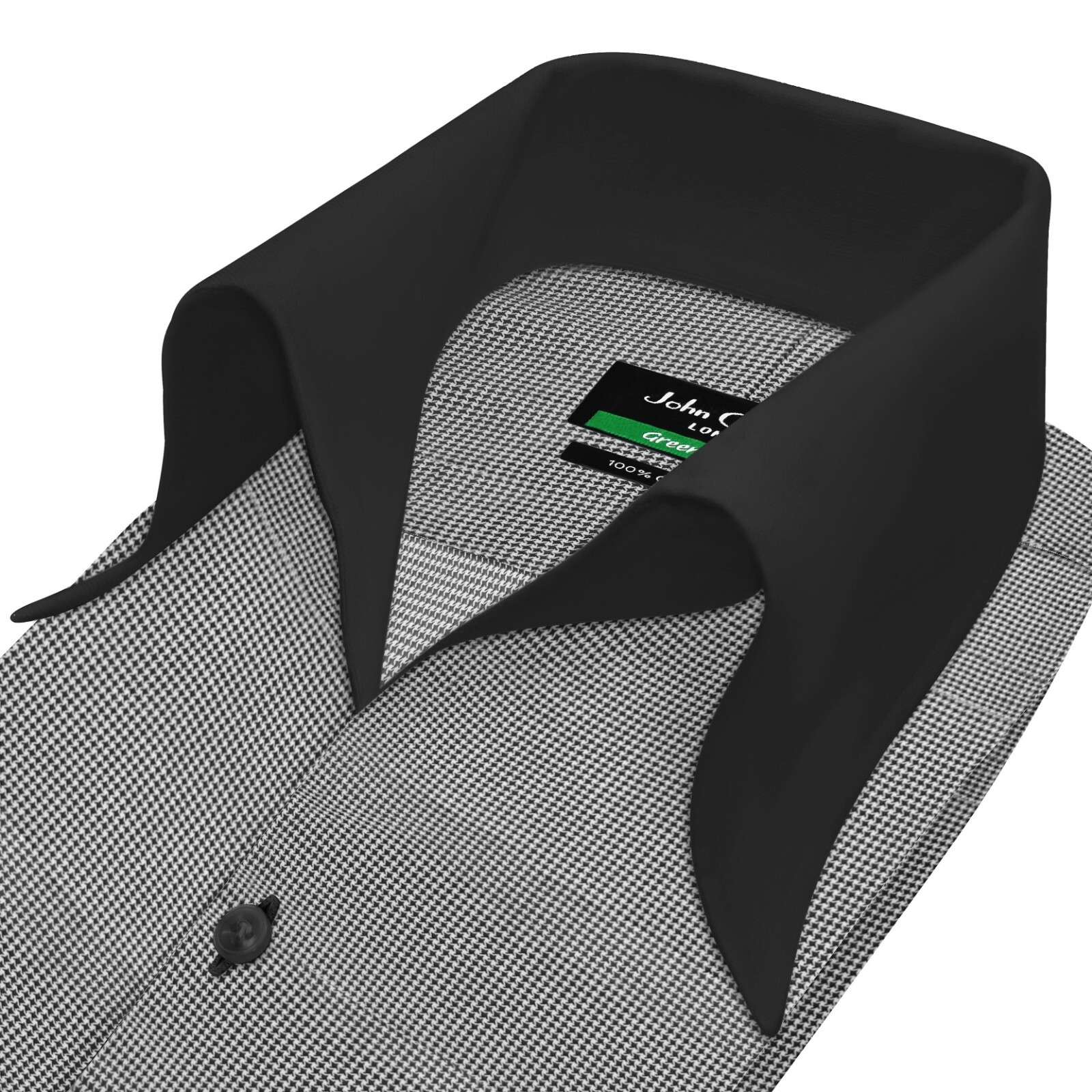 High Open Bow Collar Buttonless Men's Black Dogstooth V Neck Preppy Cotton Shirt image 3