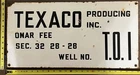 Vintage Porcelain Oil Field Sign - Texaco Producing Inc. Omar Fee