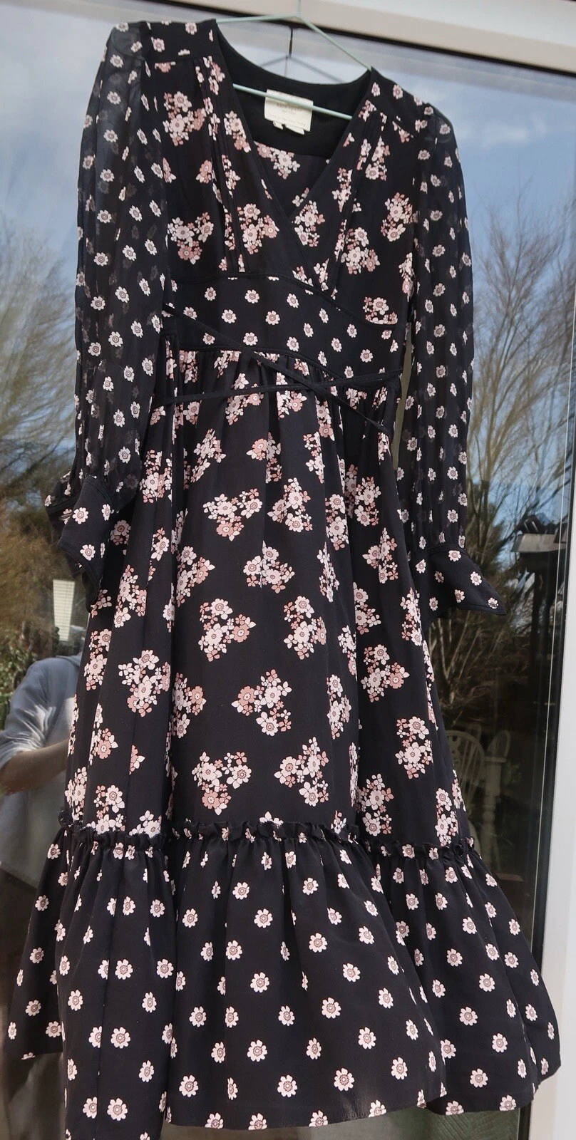 Abito Kate Spade 2 100% seta nero floreale manica trasparente