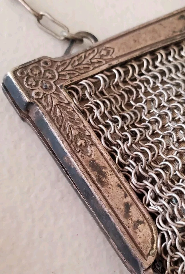 Antique Mesh Purse German Silver Chain Handle Dangling Tassel Original Lining - Image 3 of 4