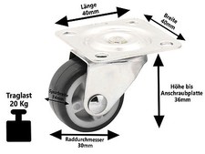4 x Vollgummi Möbel Lenkrolle Ø 30 mm Mini Parkett Laminat Lauf Rollen 20 KG