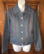 Spanner Darling Pink Trim Denim Jean Jacket, Awning Stripe Buttons! Size 8, Euc
