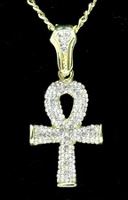Icy Ankh CZ Pendant 14k Gold Plated w/ 24" Rope Chain Hip Hop Necklace