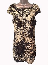 K&D Dress Sze 12 Womens Ivory/Cream Black Abstract Paint Print Ruched Cap Sleeve