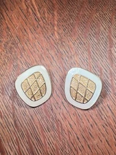 Vintage Signed MONET Cream Enamel & Gold Tone Cross Hatch Clip EARRINGS