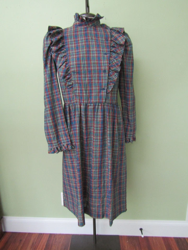 VESTIDO VINTAGE AÑOS 70 AZUL A CUADROS CON HILO METÁLICO/BUSTO 40" Foto 3 de 4