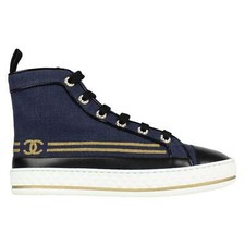 Chanel 19C Blue Denim Black Gold CC Platform Lace High Top Trainer Sneaker 39.5