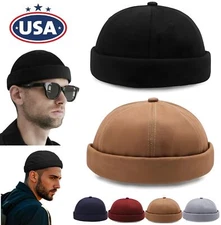 Men's Large Brimless Hats Rolled Cuff Skull Cap Adjustable Sailor Docker Cap USA