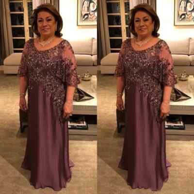 Long Mother Of The Bride Dresses Puff Short Sleeve Plus Size Lace Wedding Guest