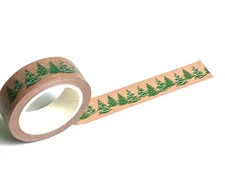 Sticker / Masking / Washi Tape - Green Decorated Christmas Trees on Kraft Ppr